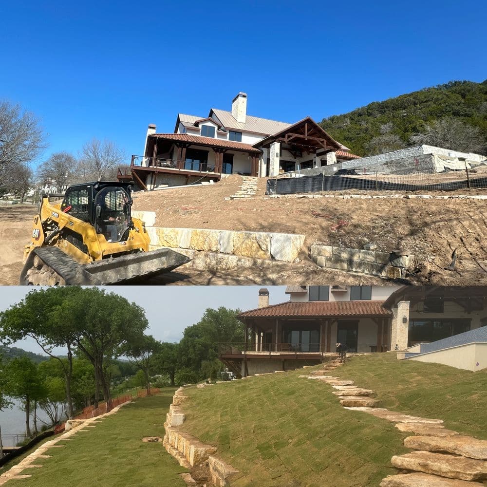Before and after landscape transformation featuring a modern home with stonework and grass installation.