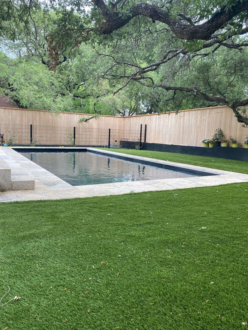 Modern backyard pool surrounded by lush artificial grass and shaded by large trees.