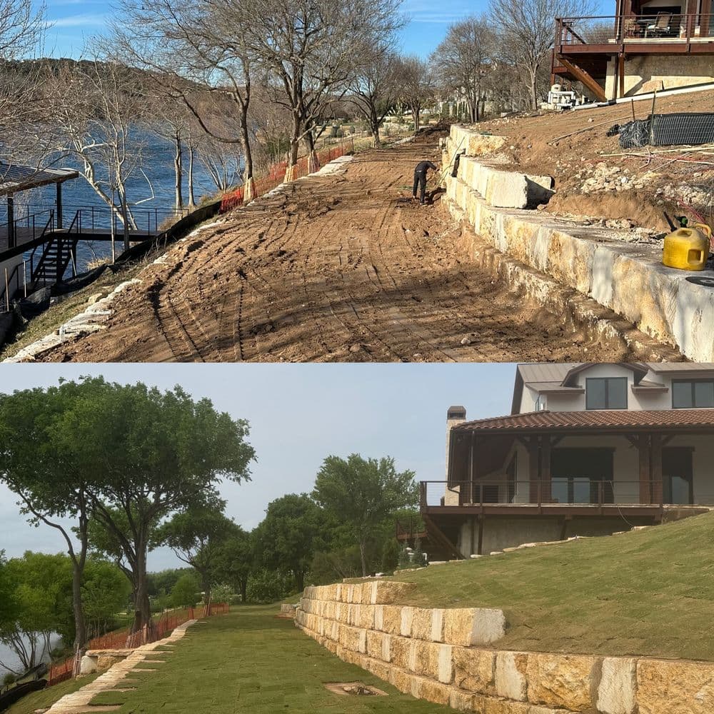 Before and after landscaping project by the lake, featuring stone retaining wall and grass installation.