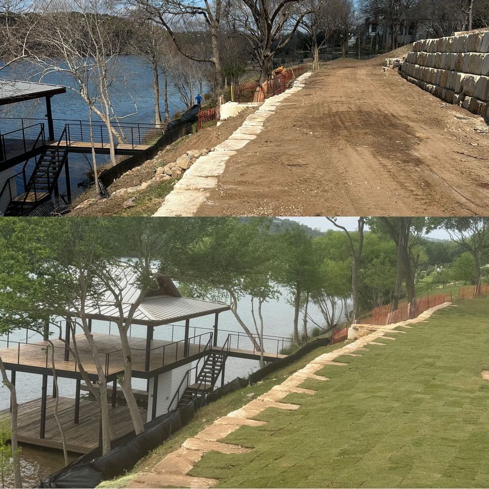 Before and after transformation of a riverside path and landscape renovation with a wooden deck.