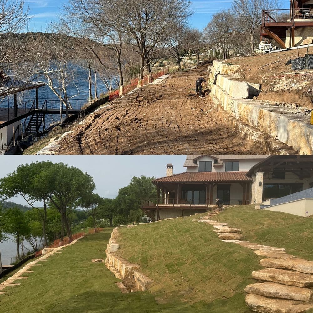 Before and after landscaping transformation by the lake, featuring new grass and stone steps.